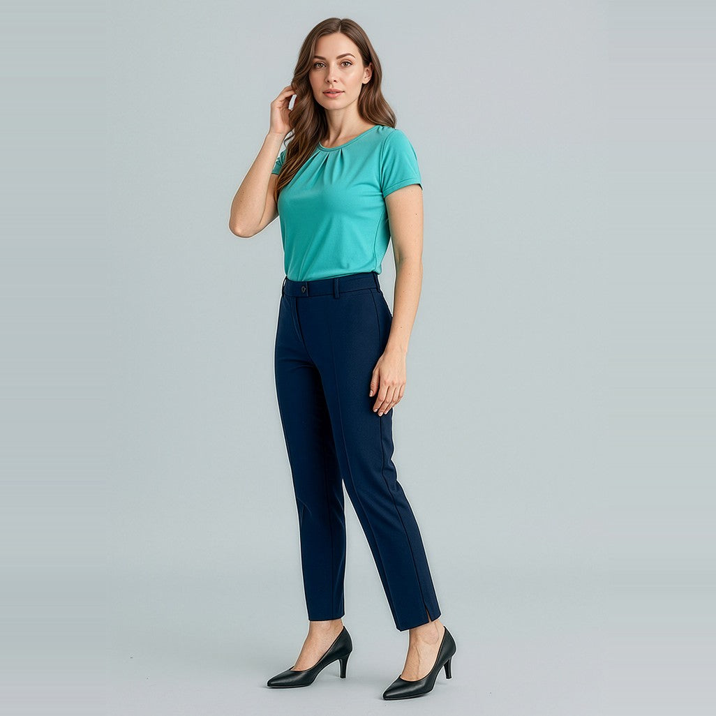 Biz Corporates Cool Stretch Womens Slim Leg Pant 10117 in Navy, worn by model