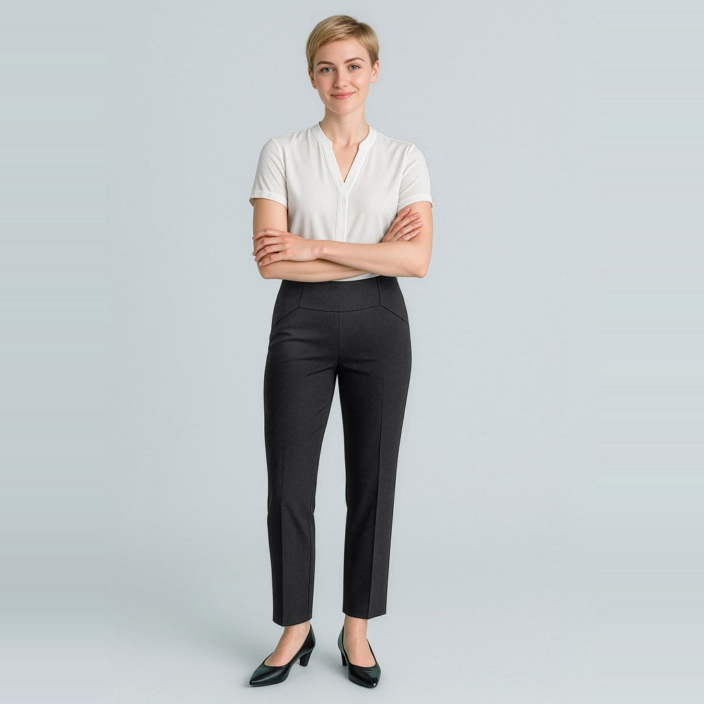 Biz Corporates Cool Stretch Womens Bandless Slim Leg Pant 10121 in Black, worn by model