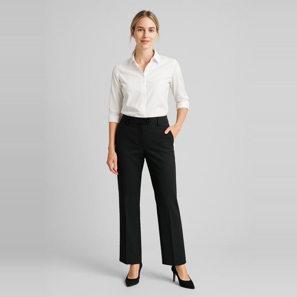 Biz Corporates Comfort Wool Stretch Womens Adjustable Waist Pant 14015, worn by model