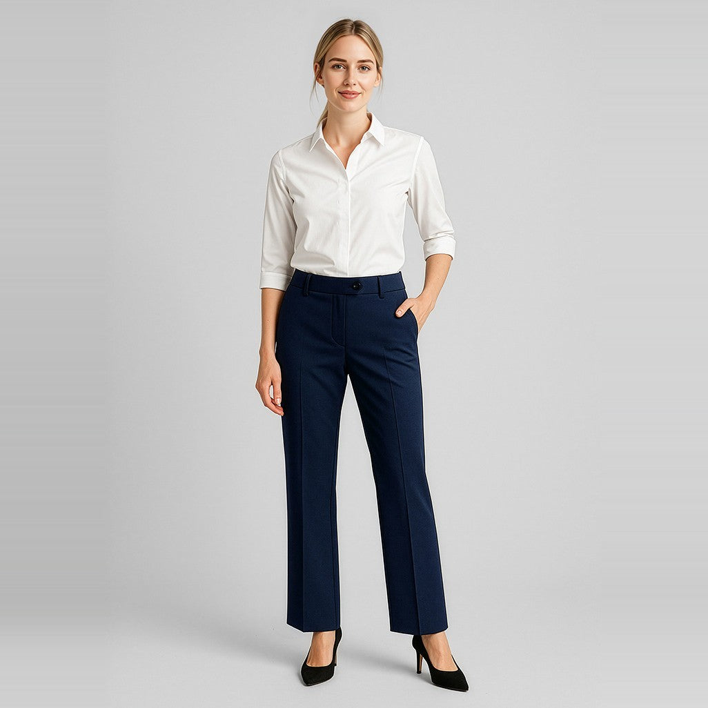 Biz Corporates Comfort Wool Stretch Womens Adjustable Waist Pant 14015 in Navy, worn by model