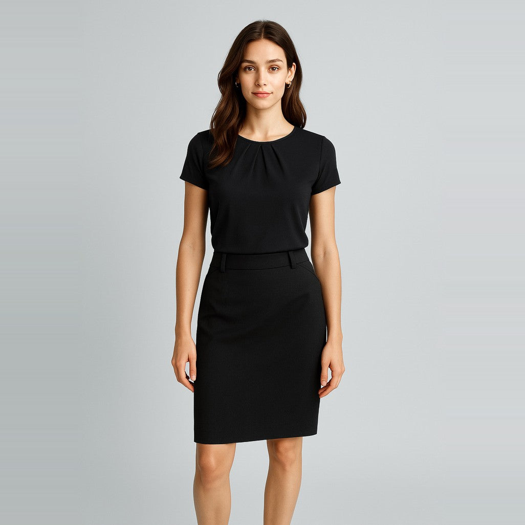 Biz Corporates Cool Stretch Womens Multi-Pleat Skirt 20115, worn by model