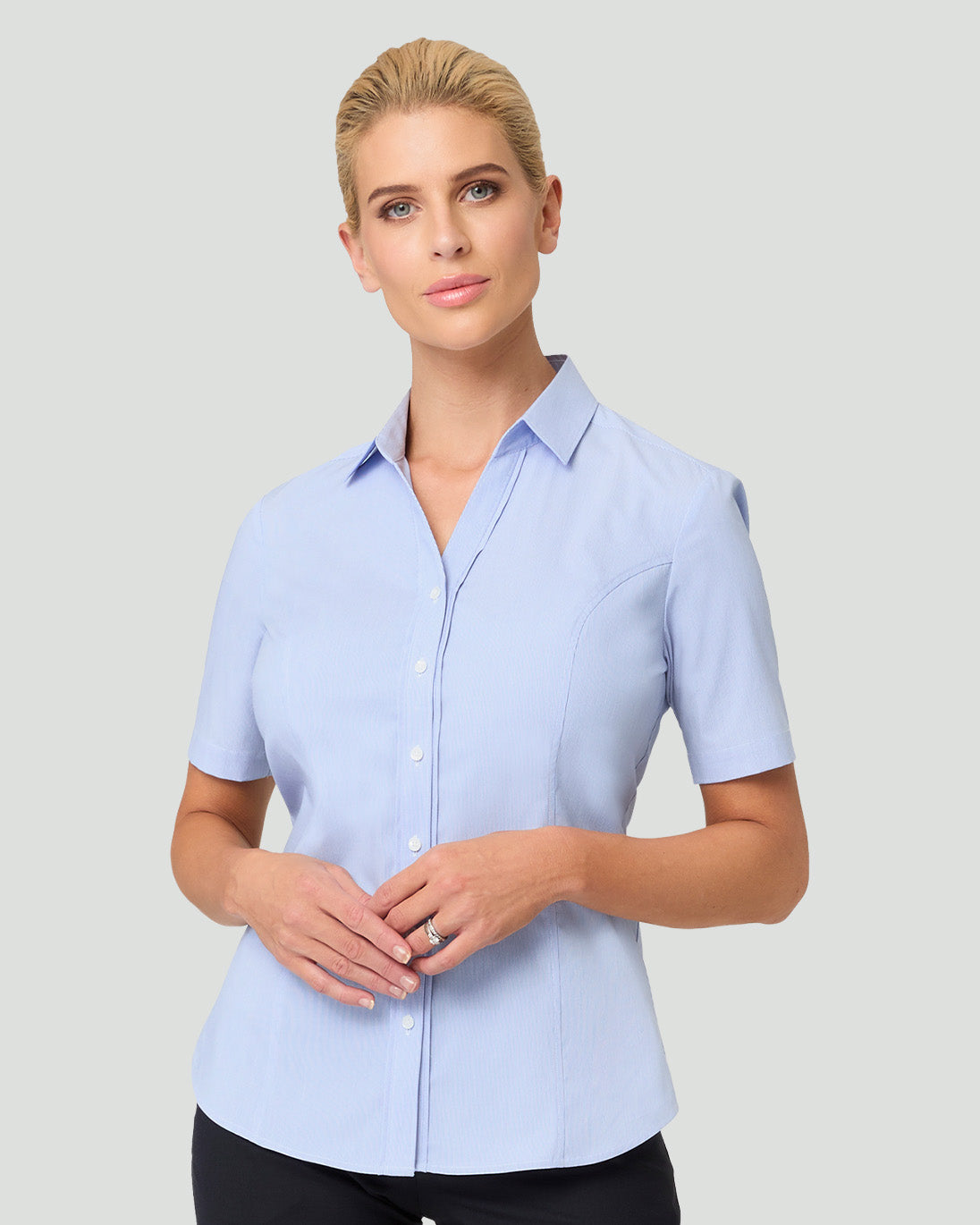 City Collection Pinfeather Short Sleeve Women's Shirt 2267 in Blue, worn by model