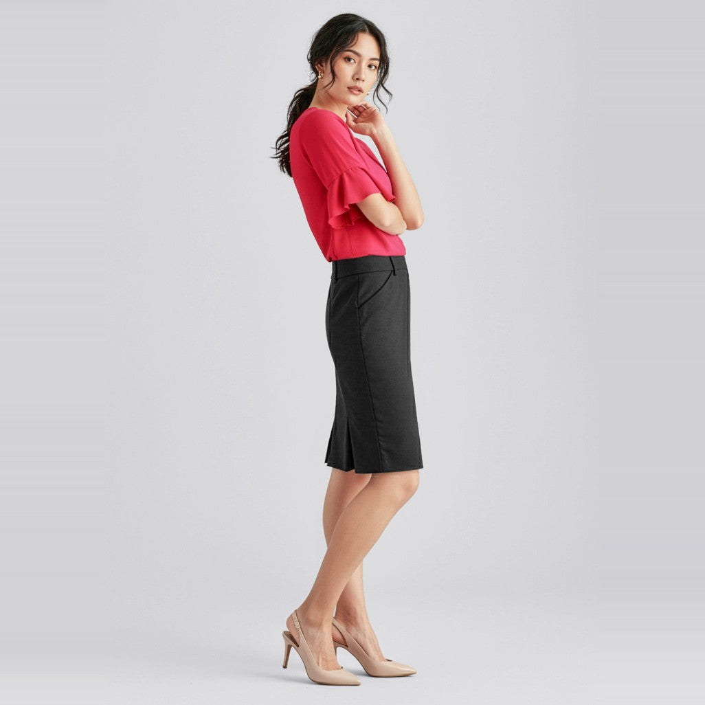 Biz Corporates Comfort Wool Stretch Womens Multi-Pleat Skirt 24015 in Black, worn by model, view 2