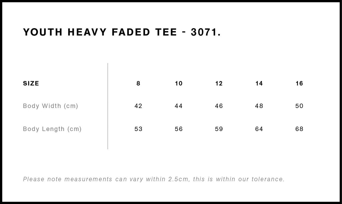 AS Colour Youth Heavy Faded Tee 3071 size guide