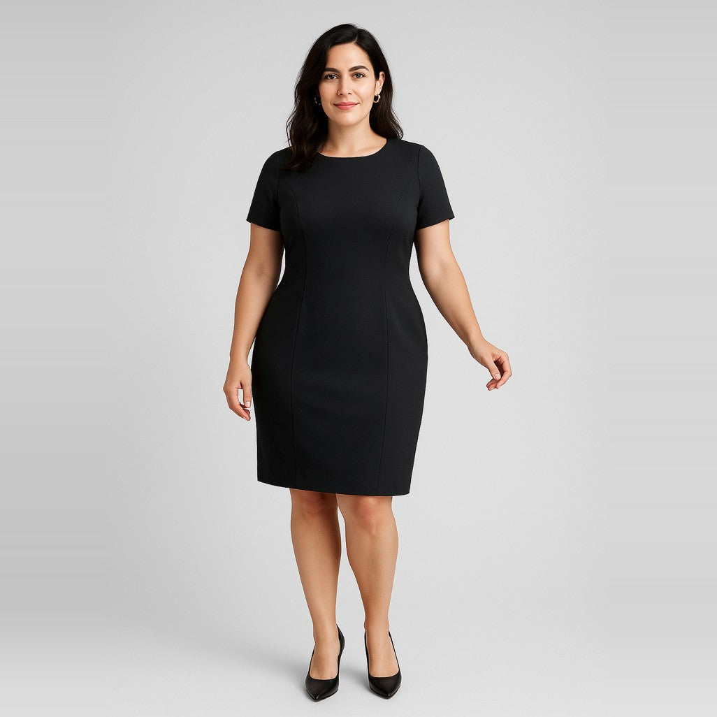 Biz Corporates Comfort Wool Stretch Womens Short Sleeve Shift Dress 34012, worn by model