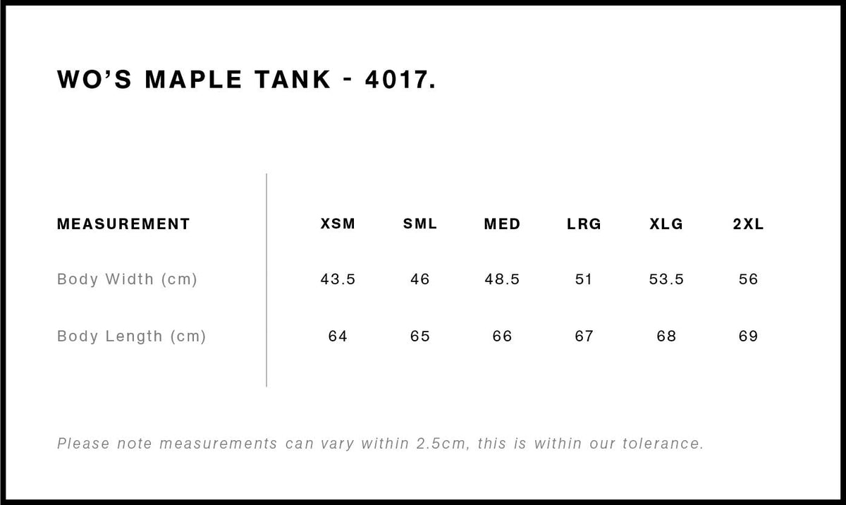 AS Colour Womens Maple Tank 4017 size guide