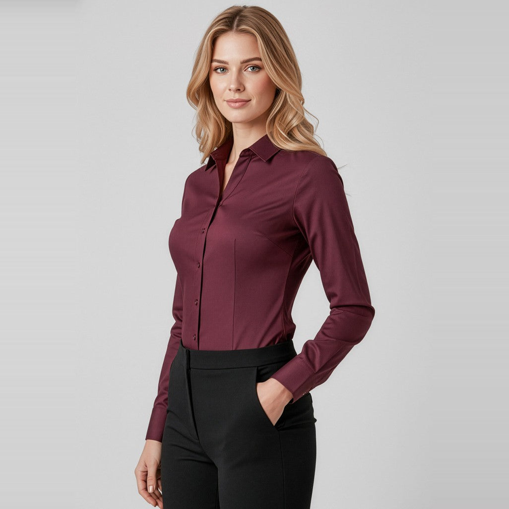 Biz Corporates Hudson Womens Long Sleeve Shirt 40310 in Wine, worn by model