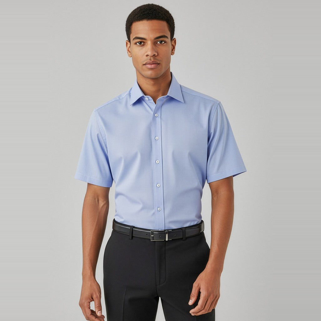 Biz Corporates Hudson Mens Short Sleeve Shirt 40322 in Patriot Blue, worn by model