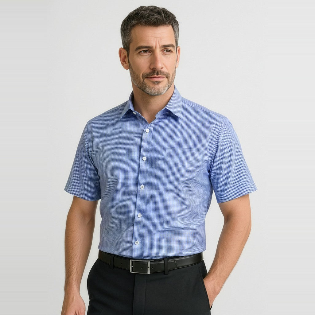 Biz Corporates Newport Mens Short Sleeve Shirt 42522 in French Navy, worn by model