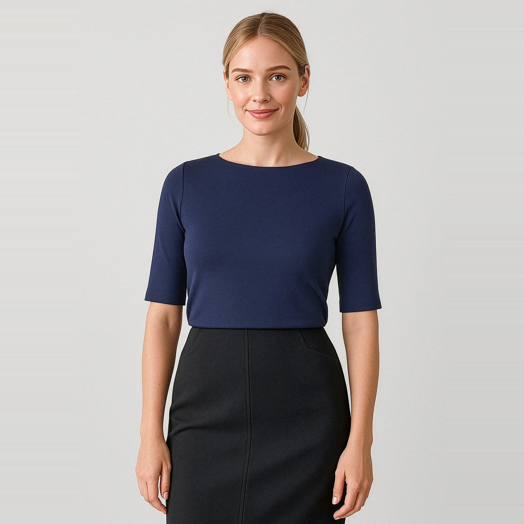 Biz Corporates Camille Womens Short Sleeve T-Top 44113 in Navy, worn by model