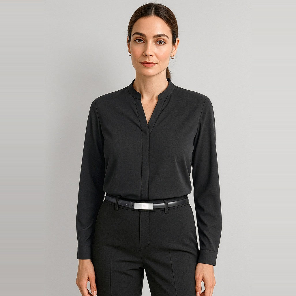Biz Corporates Juliette Womens Long Sleeve Blouse 44210 in Black, worn by model