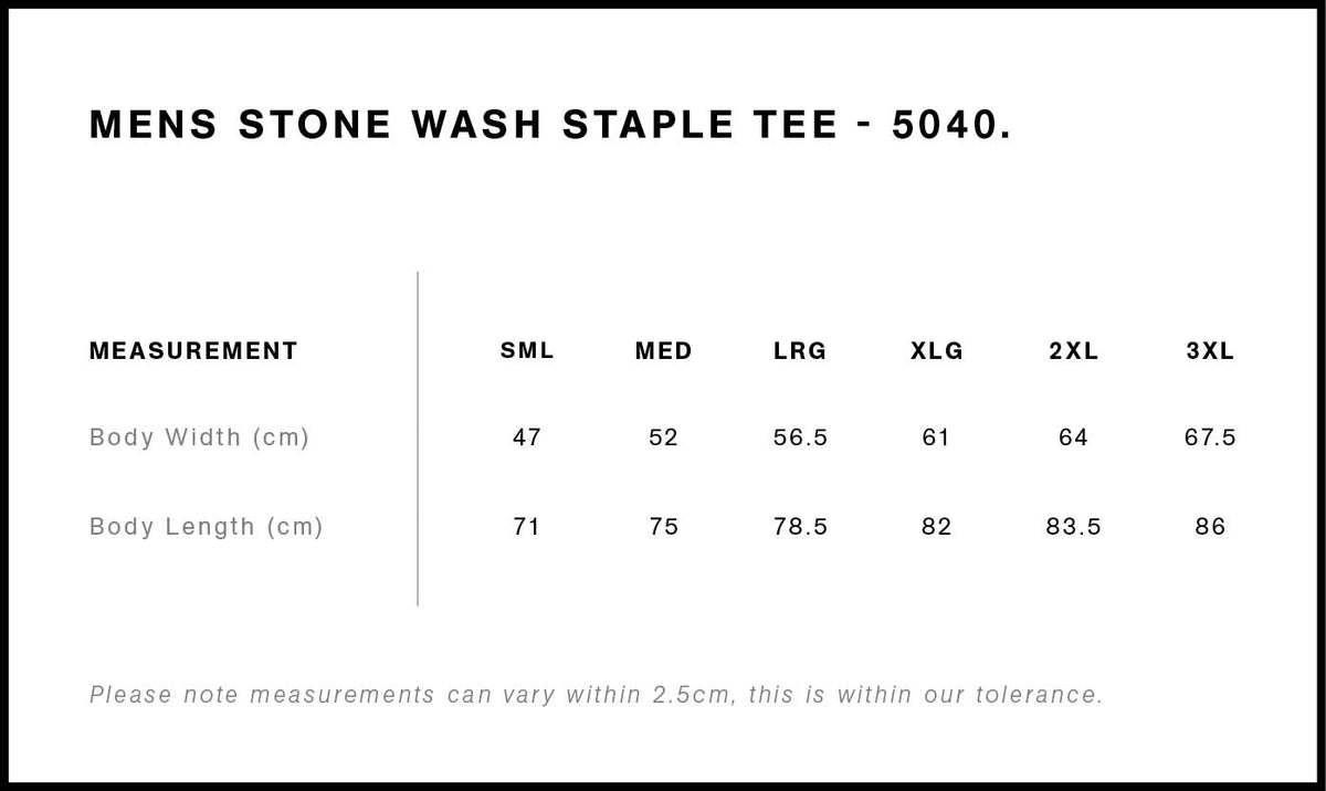 AS Colour Staple Stone Wash Tee 5040 size guide