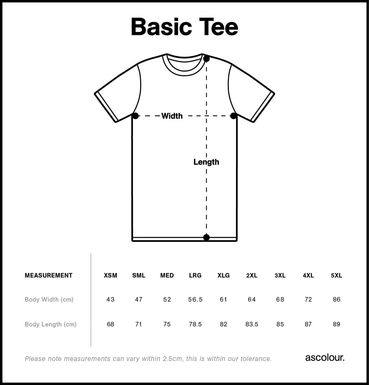 AS Colour Basic Tee 5051 size guide