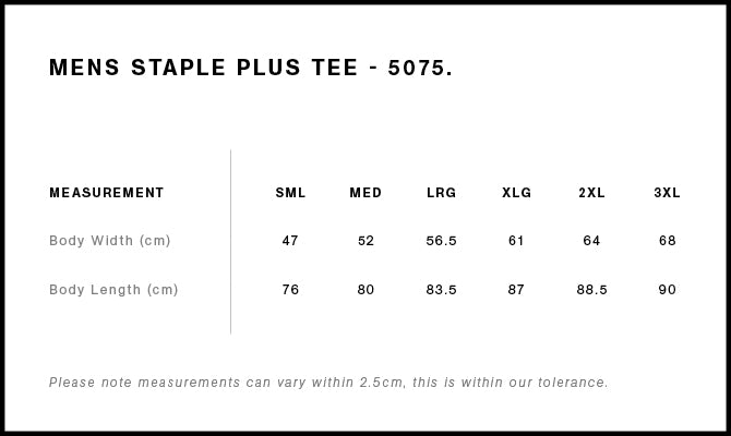 AS Colour Staple Plus Tee 5075 size guide