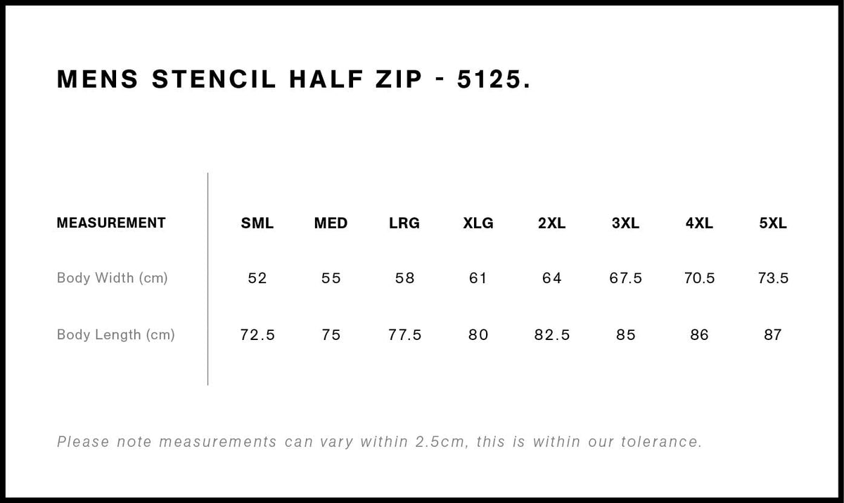 AS Colour Stencil Half Zip Crew 5125 size guide