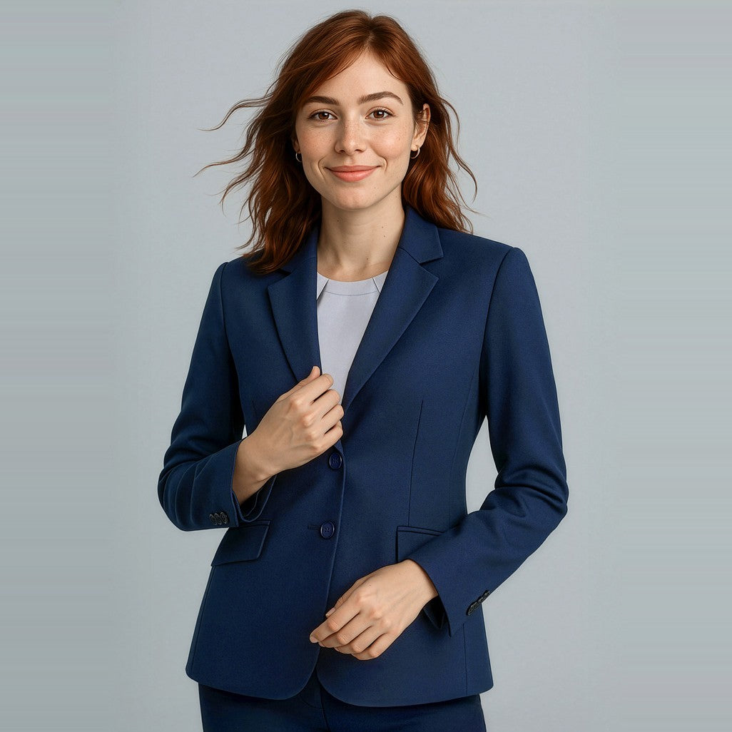 Biz Corporates Cool Stretch Womens Longline Jacket 60112 in Navy, worn by model