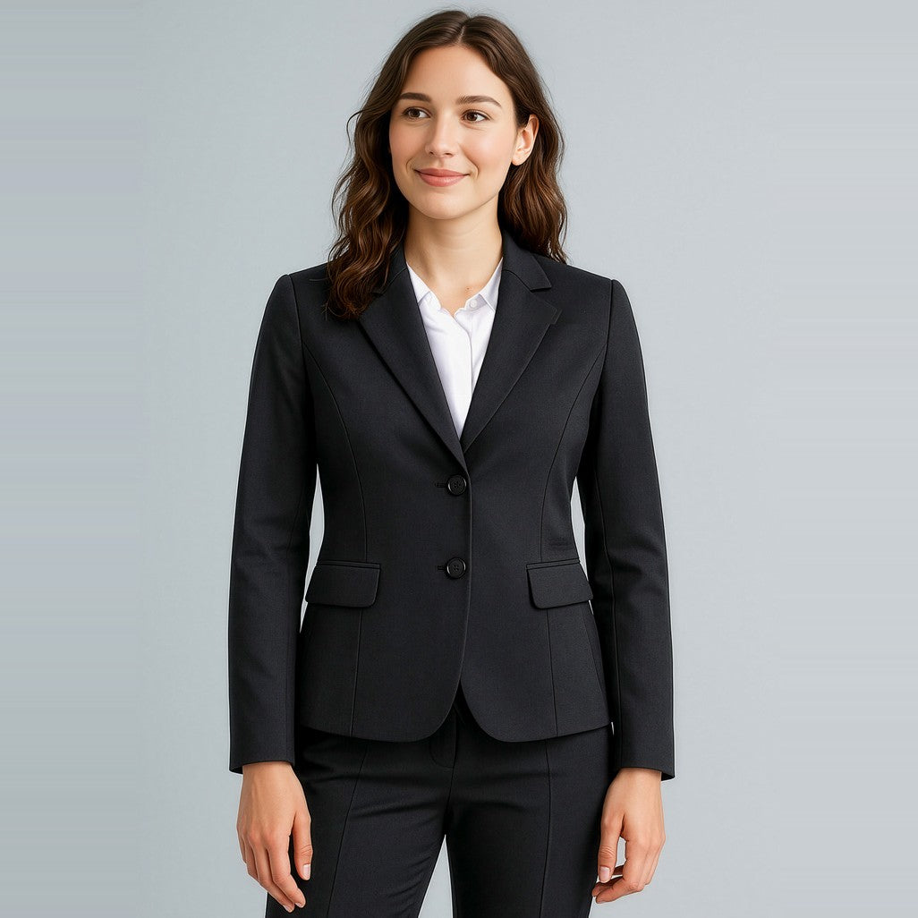 Biz Corporates Cool Stretch Womens 2 Button Mid Length Jacket 60119 in Black, worn by model