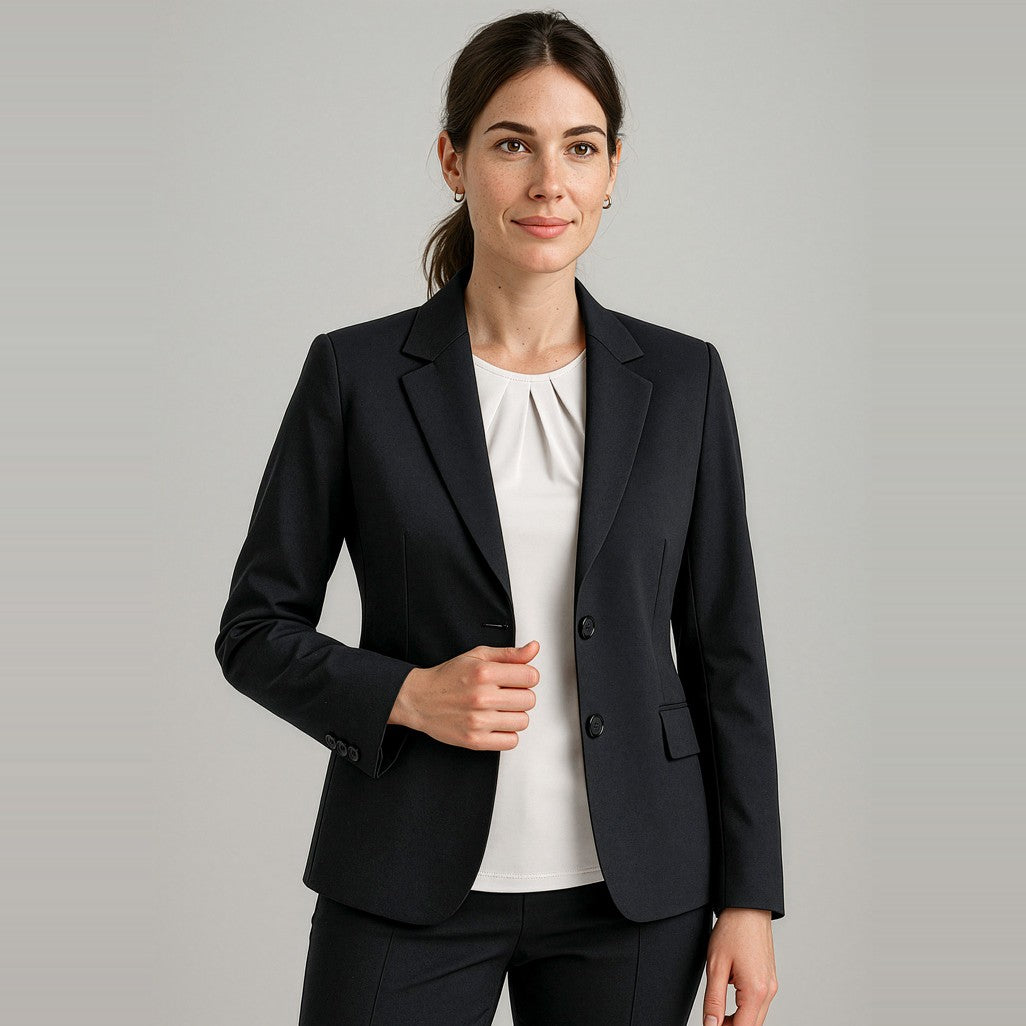 Biz Corporates Comfort Wool Stretch Womens Longline Jacket 64012 in Black, worn by model