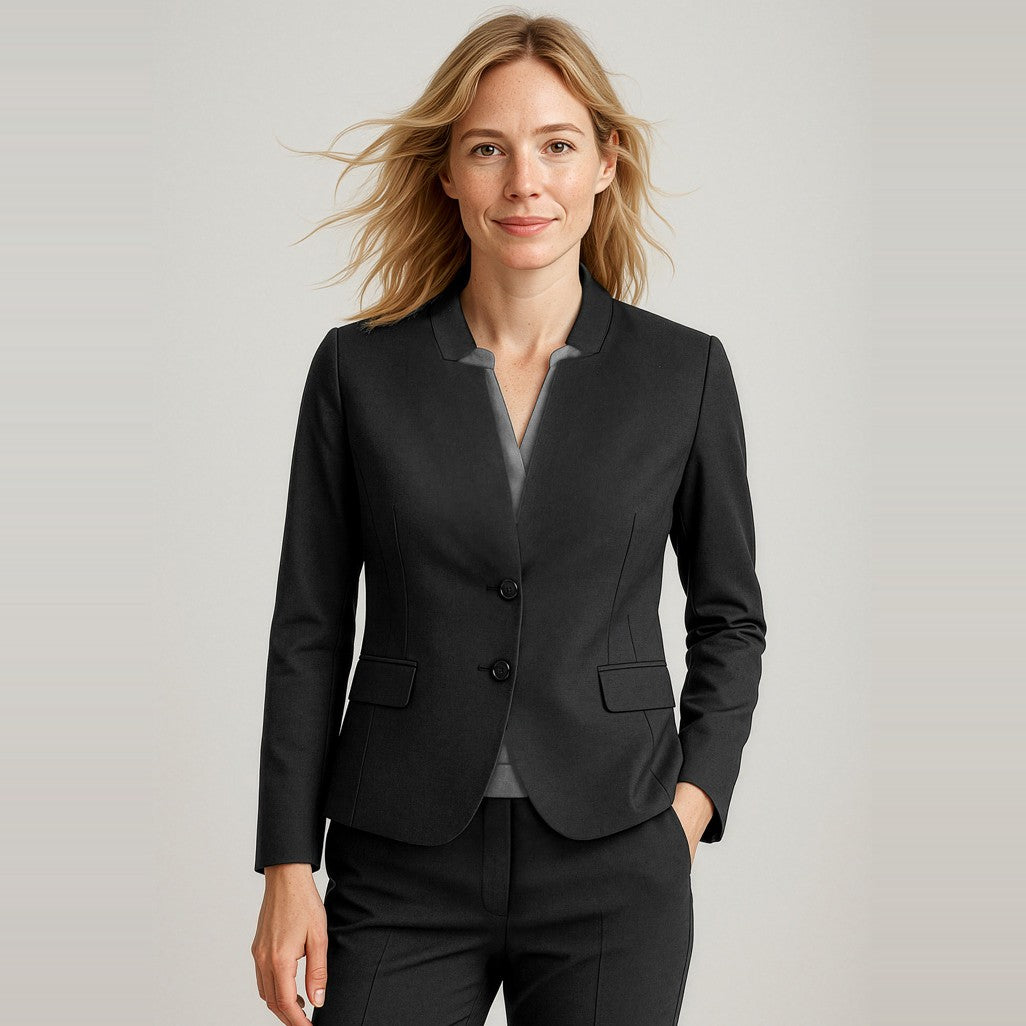 Biz Corporates Comfort Wool Stretch Womens Short Jacket with Reverse Lapel 64013 in Black, worn by model