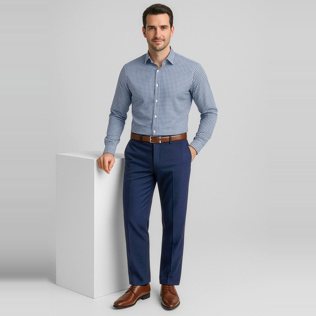 Biz Corporates Comfort Wool Stretch Mens Flat Front Pant 74012 in Navy, worn by model