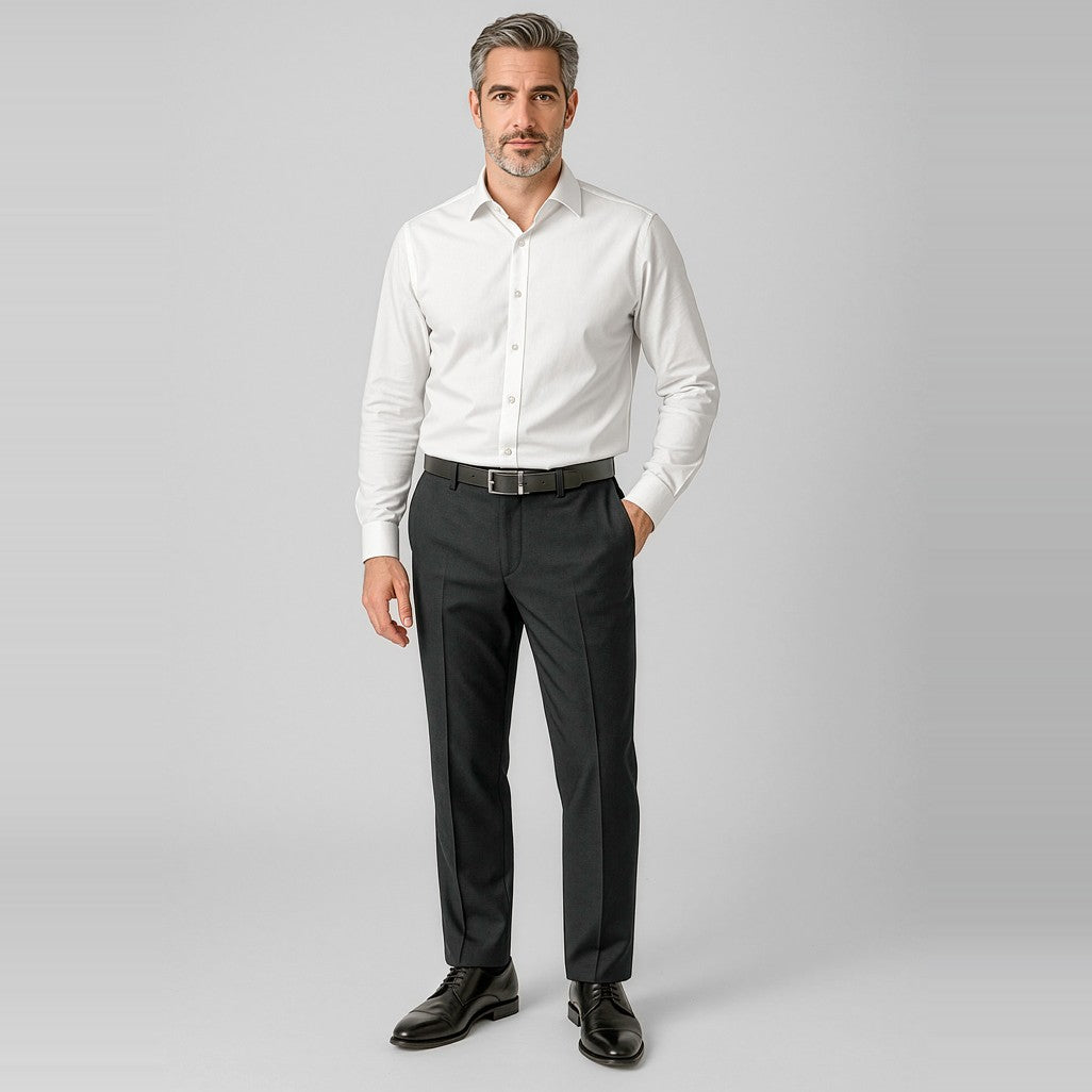 Biz Corporates Comfort Wool Stretch Mens Adjustable Waist Pant 74014 in Black, worn by model