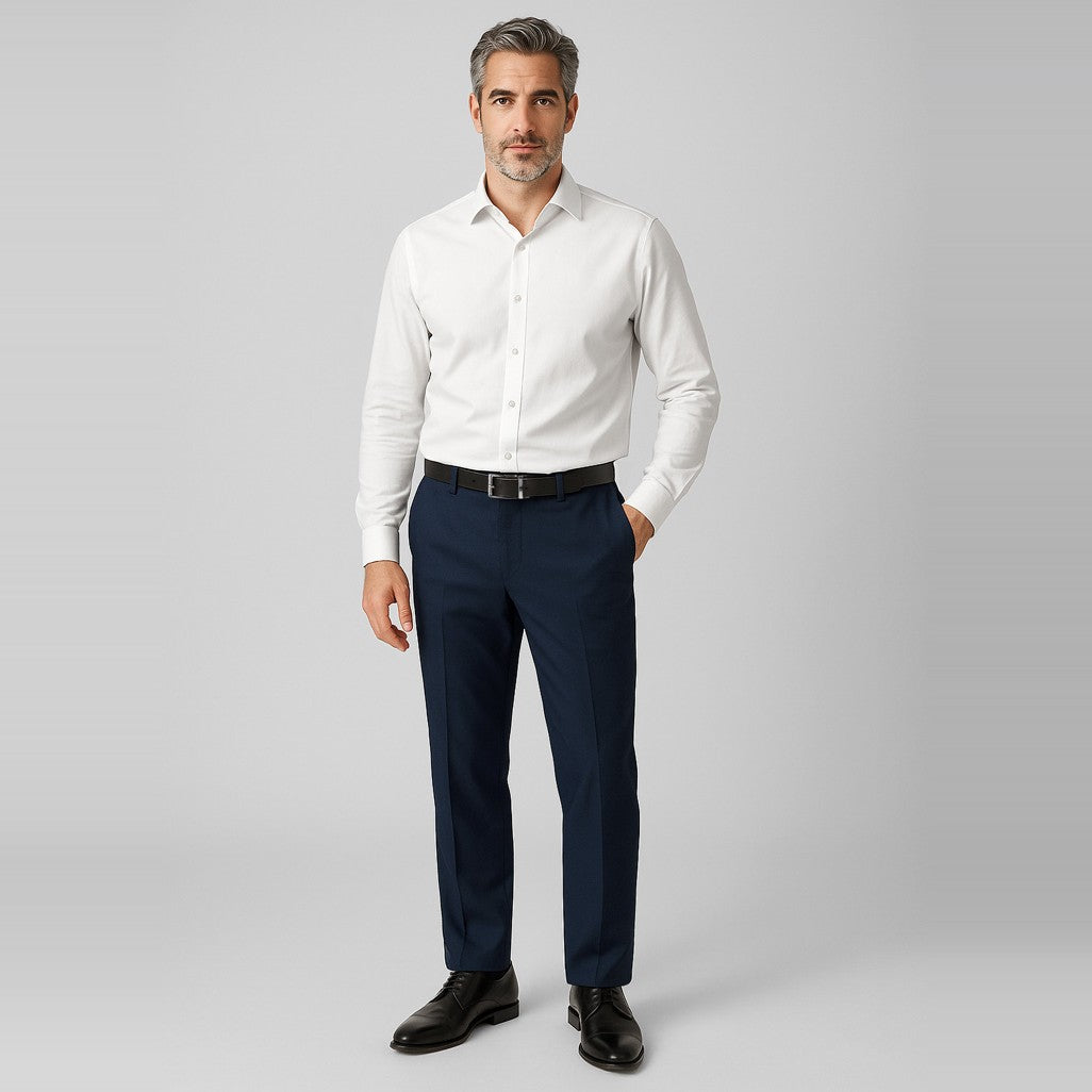 Biz Corporates Comfort Wool Stretch Mens Adjustable Waist Pant 74014, worn by model