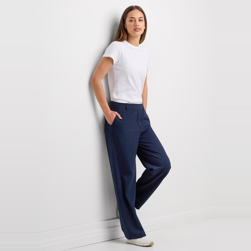Biz Soft Stretch Womens Pant BB2606L in Navy, worn by model, view 2