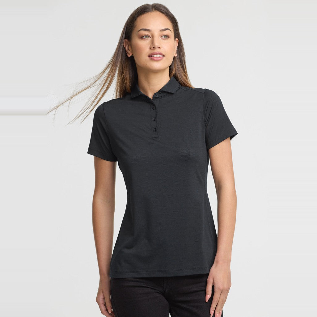 Biz Phoenix Womens Short Sleeve Polo BP2610LS in Black, worn by model