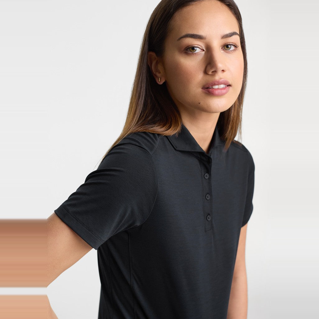 Biz Phoenix Womens Short Sleeve Polo BP2610LS in Black, worn by model, view 3