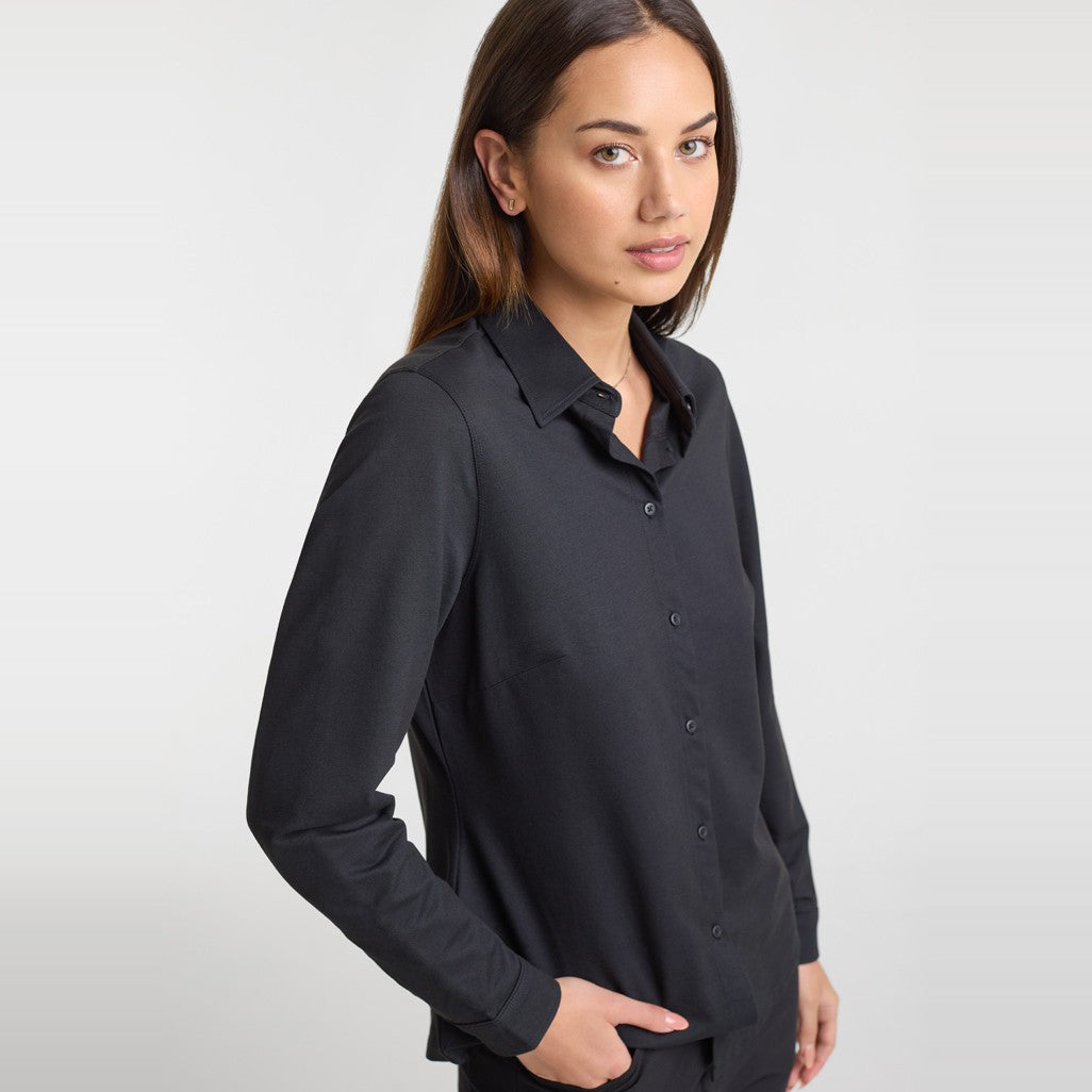 Biz Venture Womens Long Sleeve Shirt BS2619LL in Black, worn by model, view 2
