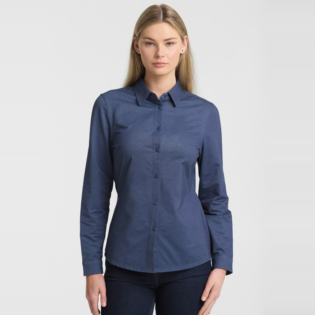 Biz Venture Womens Long Sleeve Shirt BS2619LL in Denim Blue, worn by model