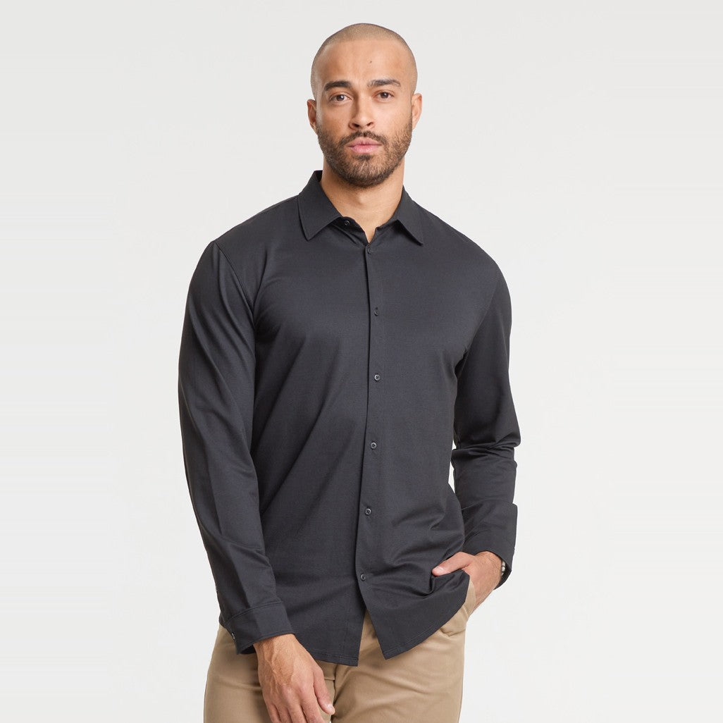 Biz Venture Mens Long Sleeve Shirt BS2619ML in Black, worn by model