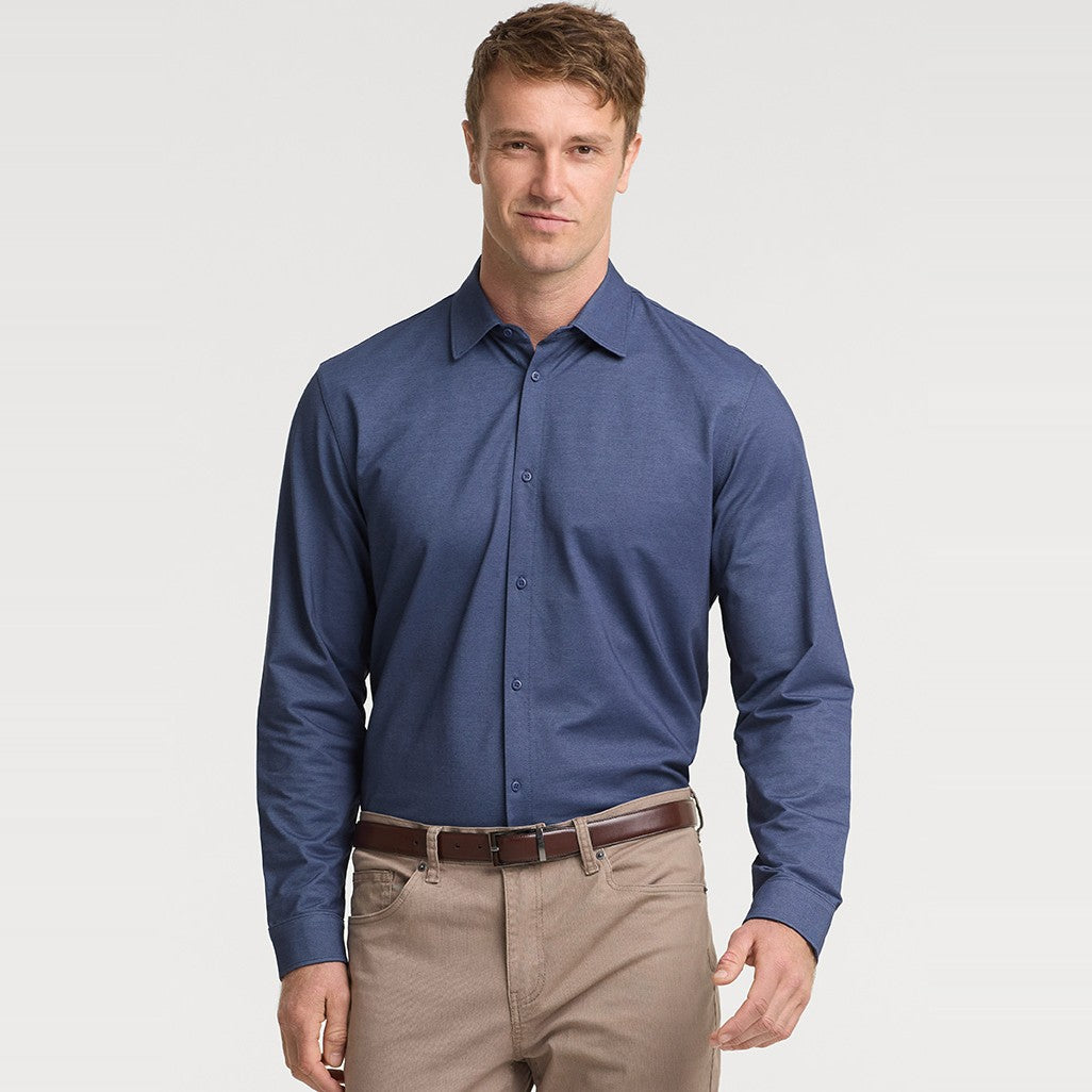 Biz Venture Mens Long Sleeve Shirt BS2619ML in Denim Blue, worn by model