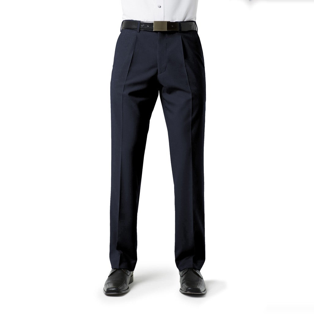 Biz Classic Mens Pleat Pant BS29110 in Navy, worn by model