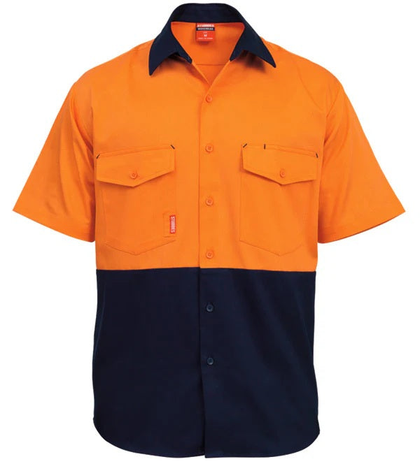 Stubbies Mens Short Sleeve Spliced Drill Shirt 2 Tone Workwear Day Safety