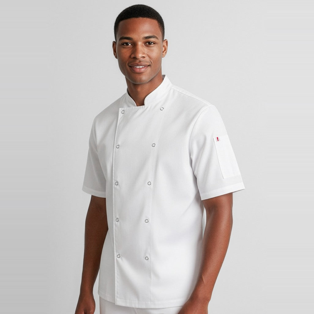 Biz Zest Mens Short Sleeve Chef Jacket CH232MS, worn by model