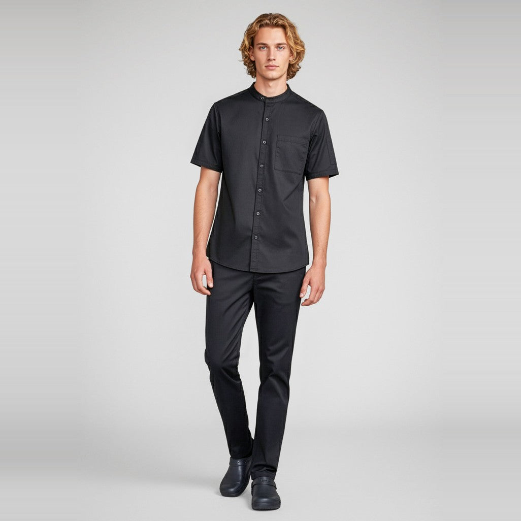Biz Salsa Mens Short Sleeve Chef Shirt CH329MS in Black, worn by model