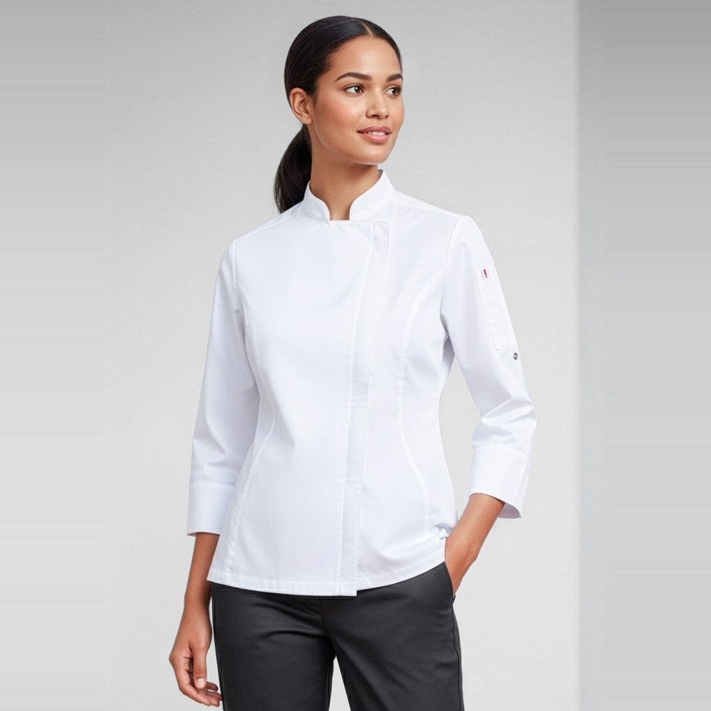 Biz Alfresco Womens Long Sleeve Chef Jacket CH330LL, worn by model