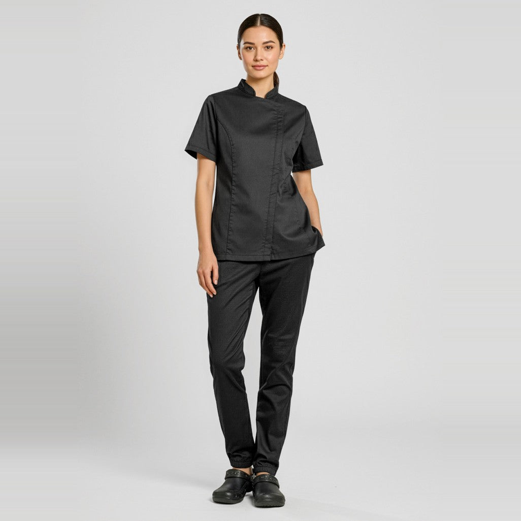 Biz Alfresco Womens Short Sleeve Chef Jacket CH330LS in Black, worn by model