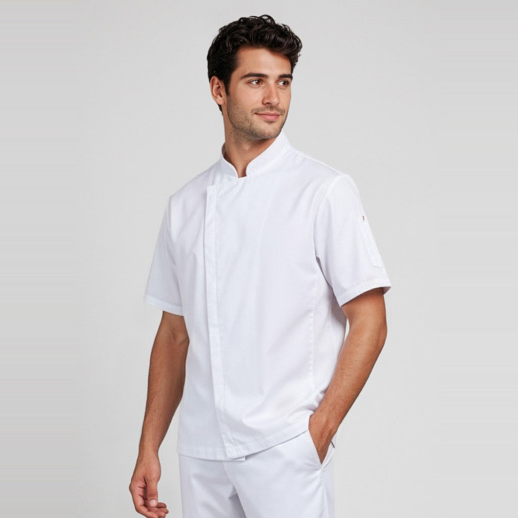 Biz Alfresco Mens Short Sleeve Chef Jacket CH330MS, worn by model