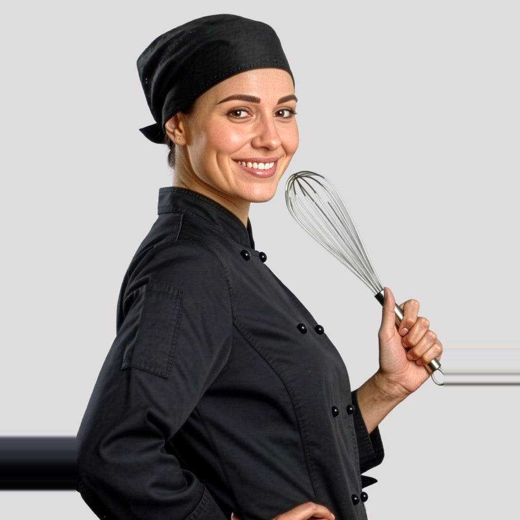Biz Twist Chef Bandana CH331 in Black, worn by model