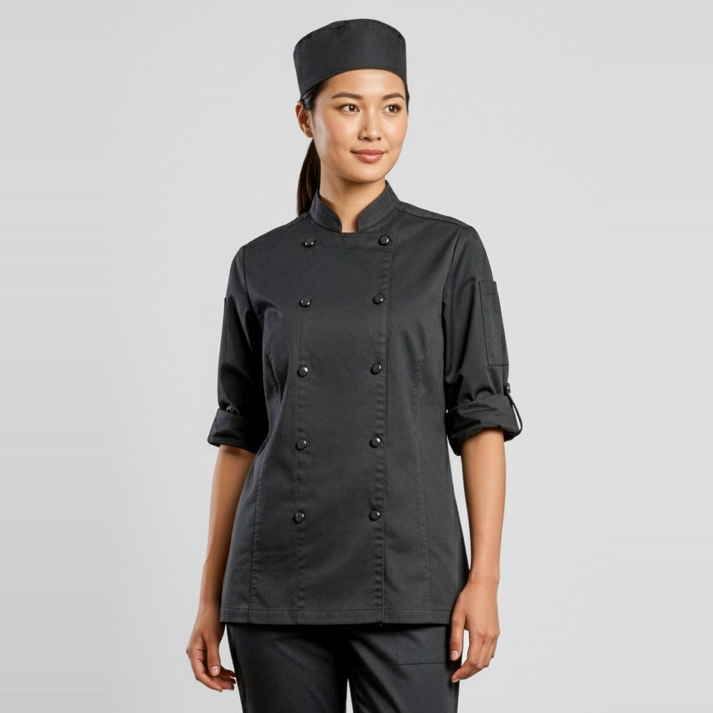 Biz Gusto Womens Long Sleeve Chef Jacket CH430LL, worn by model