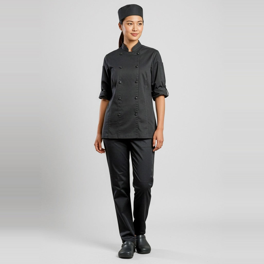 Biz Gusto Womens Long Sleeve Chef Jacket CH430LL in Black, worn by model