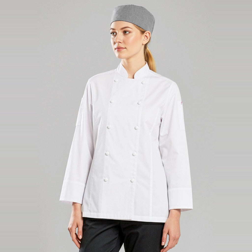 Biz Gusto Womens Long Sleeve Chef Jacket CH430LL in White, worn by model