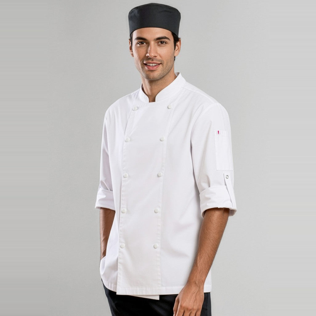 Biz Gusto Mens Long Sleeve Chef Jacket CH430ML in White, worn by model