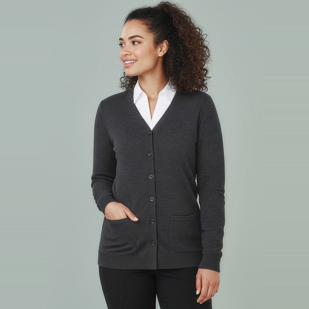Biz Button Front Womens Knit Cardigan CK045LC, worn by model