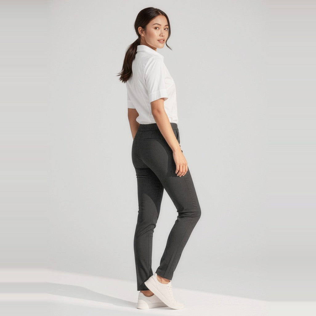 Biz Jane Womens Stretch Pant CL041LL in Charcoal, worn by model, view 2