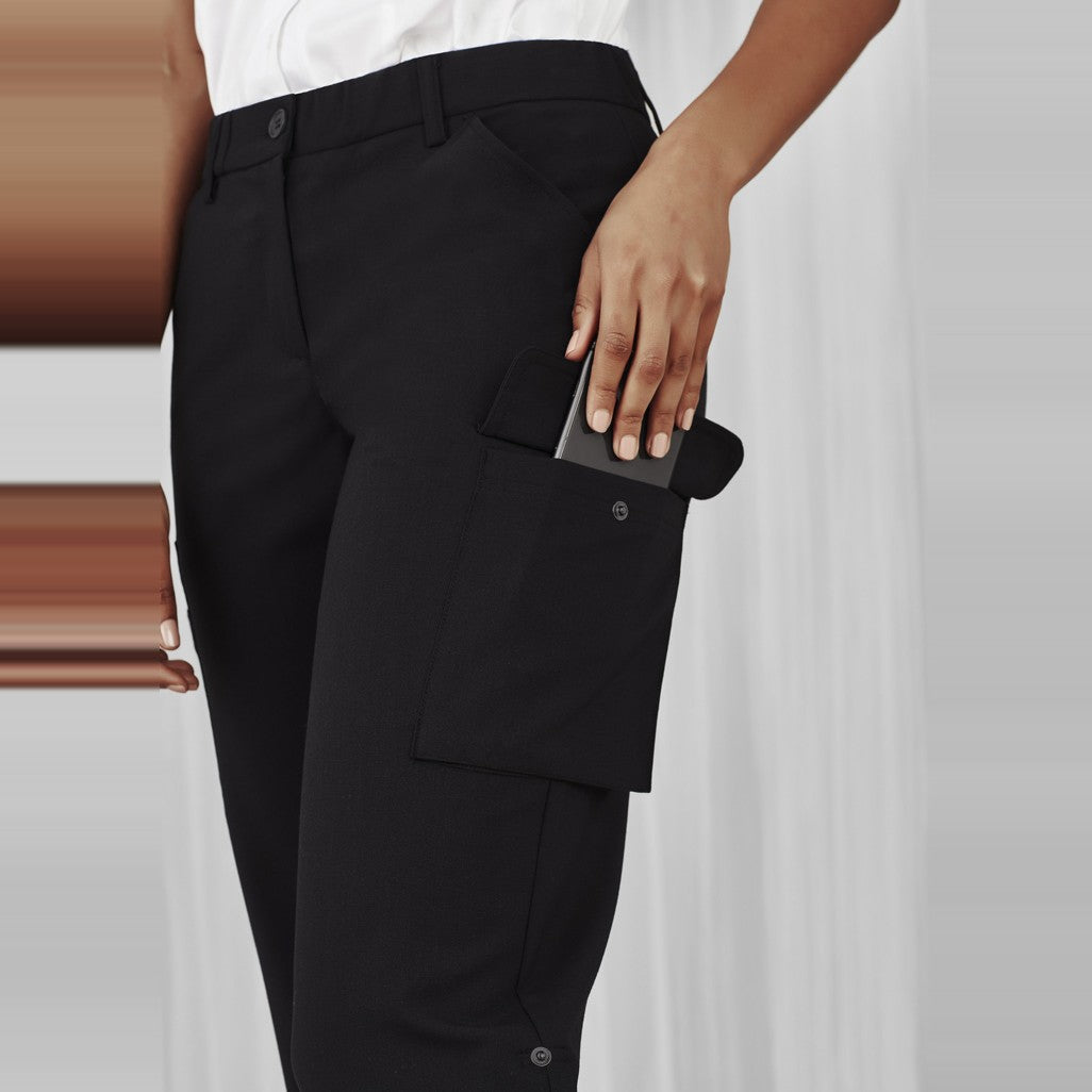 Biz Comfort Waist Womens Cargo Pant CL954LL in Black, worn by model