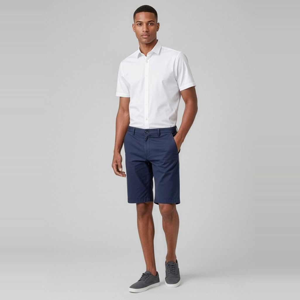 Biz Comfort Waist Mens Cargo Short CL960MS in Navy, worn by model