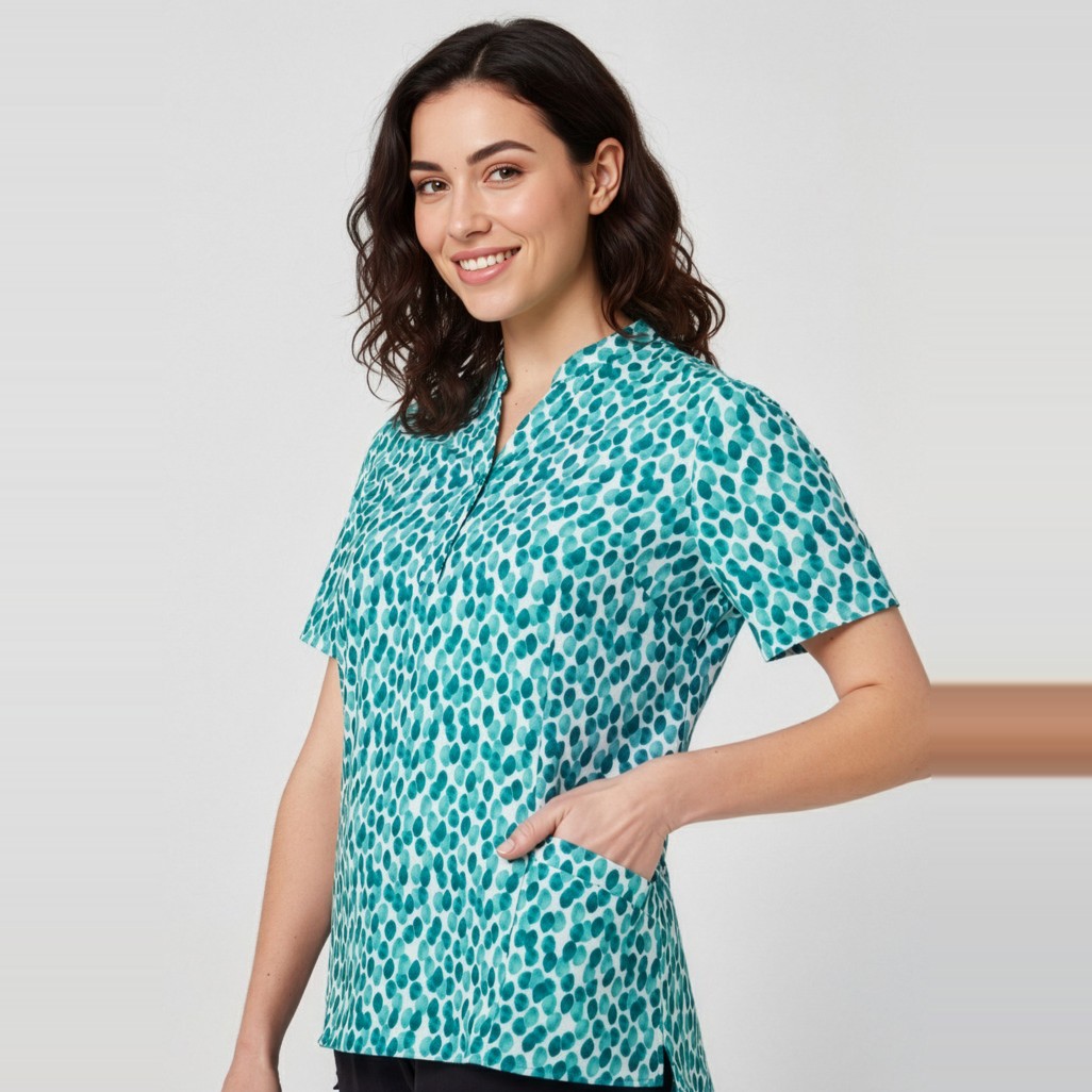 Biz Florence Womens Stardust Print Tunic CS450LS in Teal, worn by model
